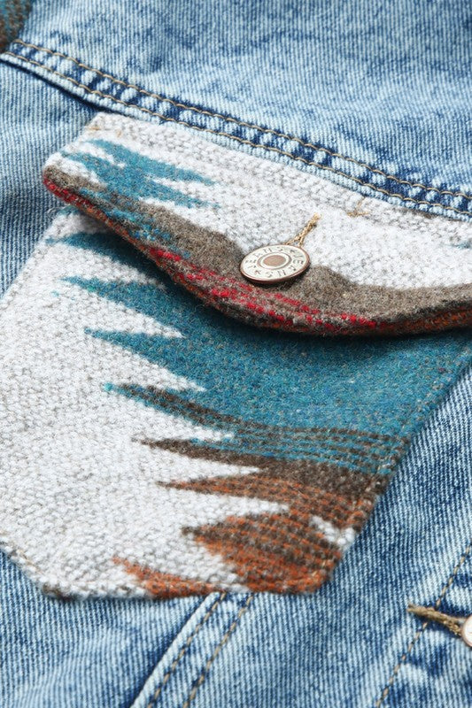 Women's Geometric Vintage Frayed Hem Denim Jacket | Zarnesh