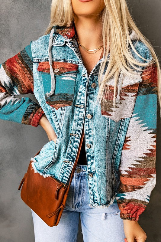 Women's Geometric Vintage Frayed Hem Denim Jacket | Zarnesh