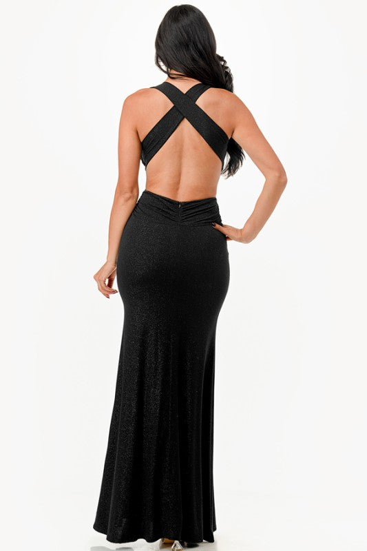 Women's Glitter Strappy Back Evening Gown Dress | Zarnesh 