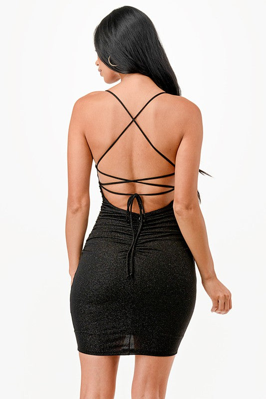 Women Glittered Back Lace Up Short Dress with Waist Shirring Zarnesh
