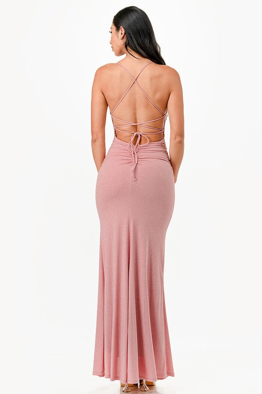 Women Glittered Mermaid Dress Sleeveless Lace Up Back Slit Zarnesh
