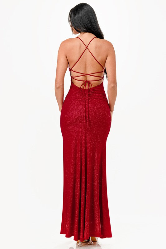 Women Glittered Mermaid Dress Sleeveless Lace Up Back Slit Zarnesh