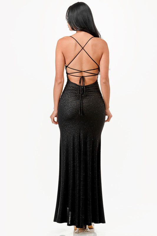 Women Glittered Mermaid Dress Sleeveless Lace Up Back Slit Zarnesh