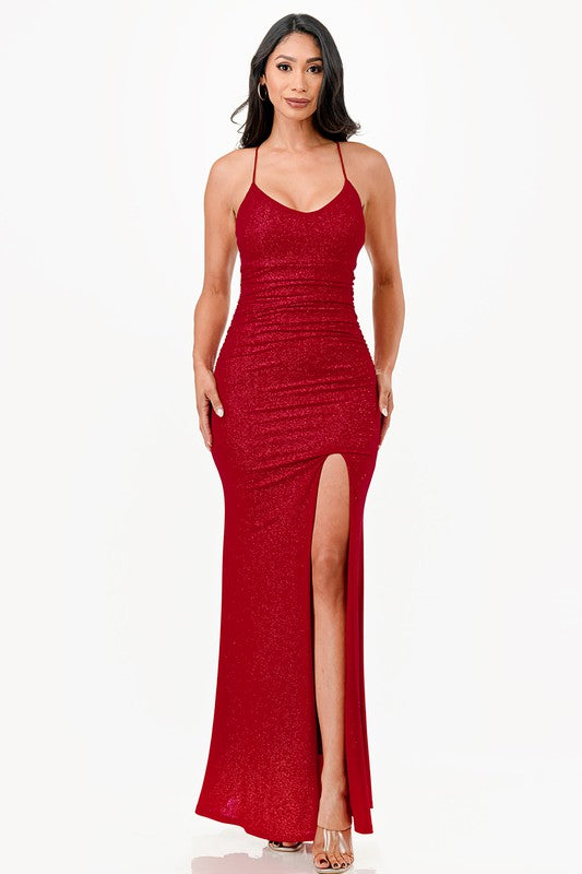 Women Glittered Mermaid Dress Sleeveless Lace Up Back Slit Zarnesh