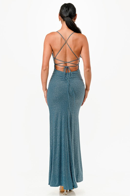 Women Glittered Mermaid Dress Sleeveless Lace Up Back Slit Zarnesh