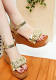 Women Emelda Open Toe Chain Link Metallic Wedge Sandals | Zarnesh