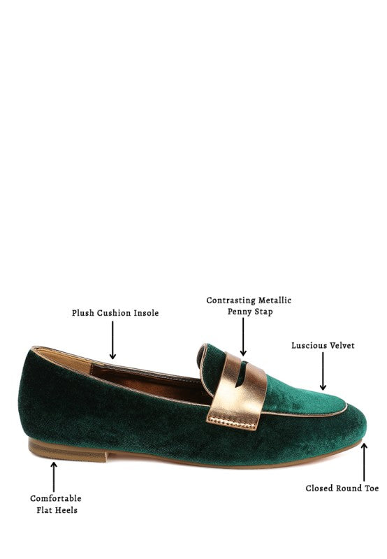 Women Malta Penny Strap Velvet Flat Heel Loafers | Zarnesh