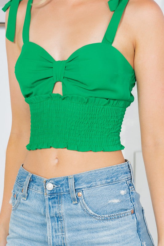 Women Cut Out Tie Shoulder Smocked Waist Cropped Top Zarnesh