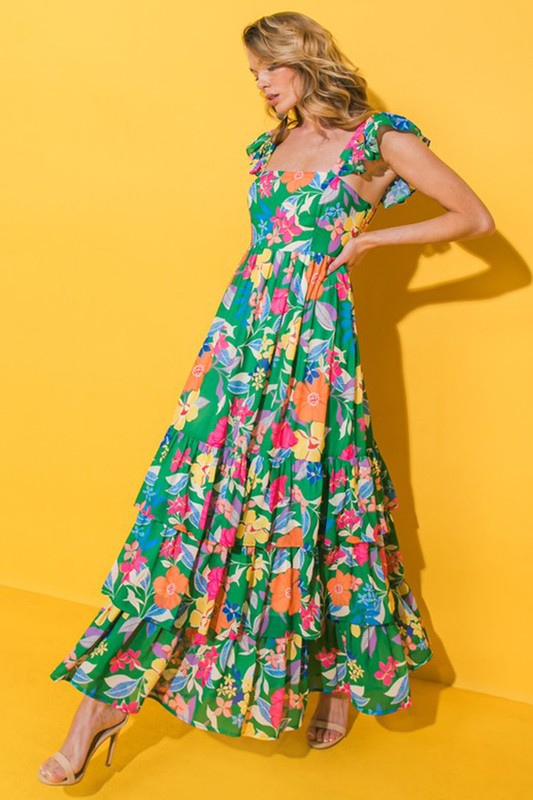 Women Print Sleeveless Ruffle Shoulder Strap Tiered Maxi Dress Zarnesh