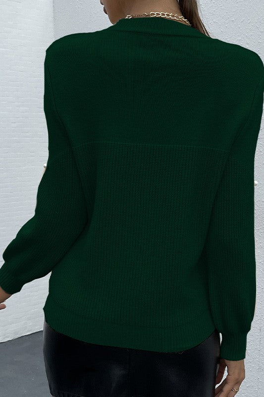 Women Green Stand Collar Essence Pearls Beaded Sweater Zarnesh