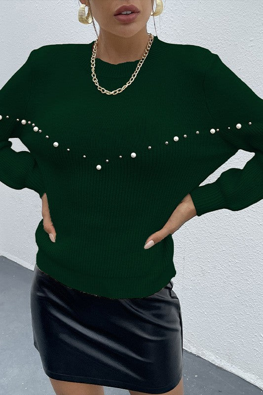 Women Green Stand Collar Essence Pearls Beaded Sweater Zarnesh