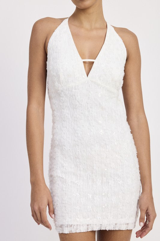 Women Halter Neck Deep V Cut Open Back Tie Mini Lace Dress Zarnesh