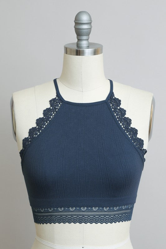 Women High Neck Sleeveless Pullover Crochet Lace Trim Bralette Zarnesh