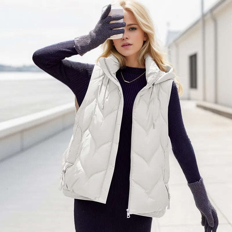 Women High Quality Down Fill Quilted Puffer Vest with Hoodie Zarnesh