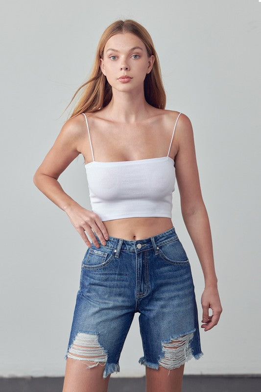 Women High Rise Ripped Zipper Bermuda Denim Shorts | Zarnesh
