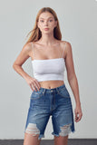 Women High Rise Ripped Zipper Bermuda Denim Shorts | Zarnesh