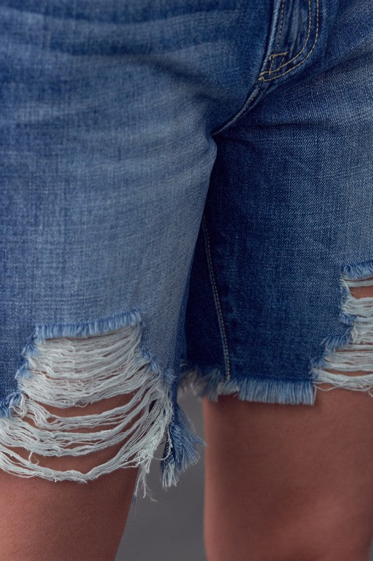 Women High Rise Ripped Zipper Bermuda Denim Shorts | Zarnesh