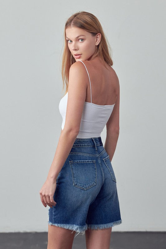 Women High Rise Ripped Zipper Bermuda Denim Shorts | Zarnesh