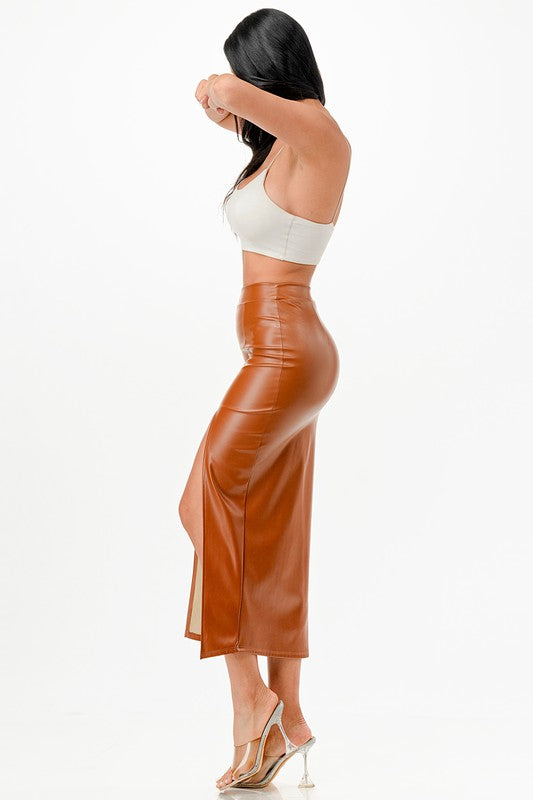 Women High Waisted Open Slit Full Cut PU Leather Pencil Skirt Zarnesh
