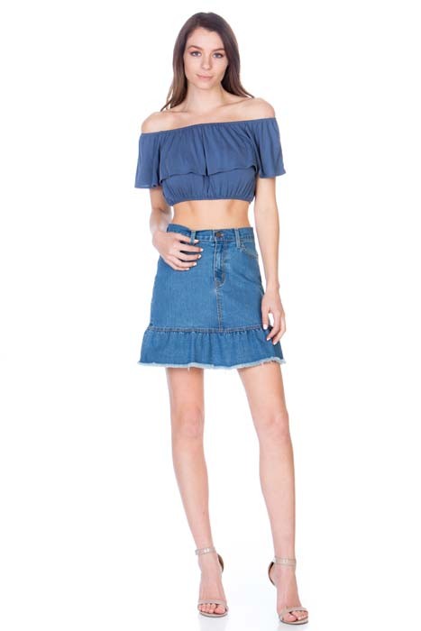 Women High Waist Five Pocket A Line Ruffle Hem Denim Skirt Zarnesh