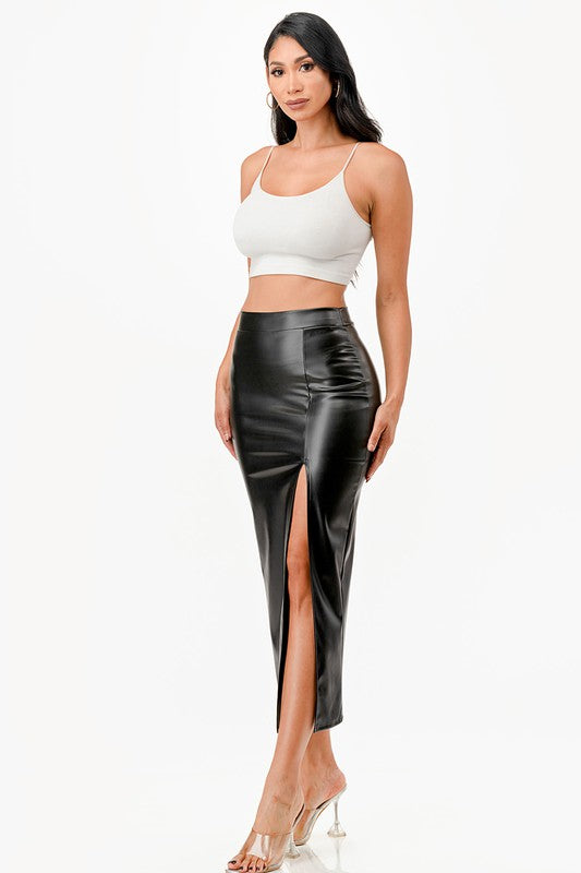 Women High Waisted Open Slit Full Cut PU Leather Pencil Skirt Zarnesh