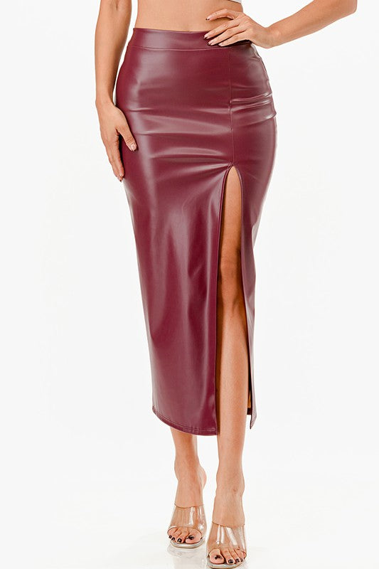 Women High Waisted Open Slit Full Cut PU Leather Pencil Skirt Zarnesh