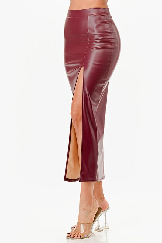 Women High Waisted Open Slit Full Cut PU Leather Pencil Skirt Zarnesh
