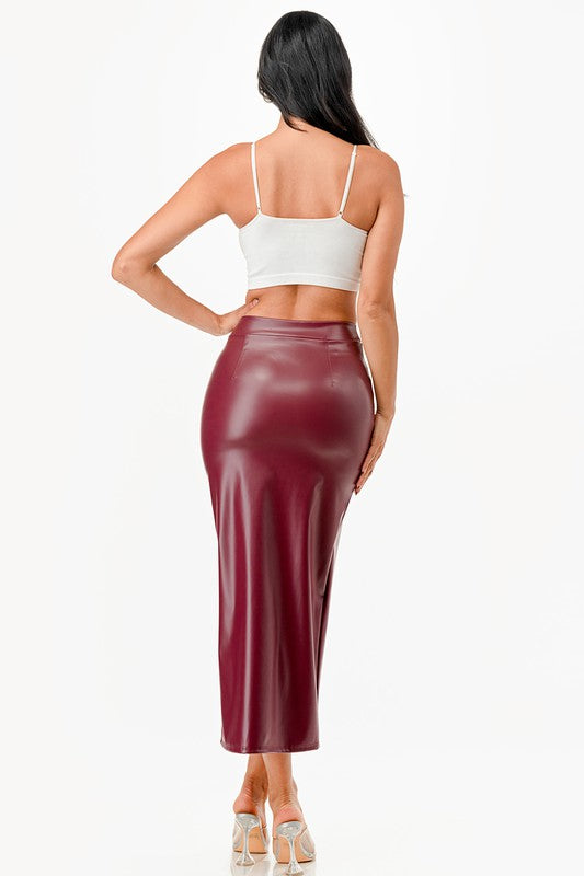 Women High Waisted Open Slit Full Cut PU Leather Pencil Skirt Zarnesh