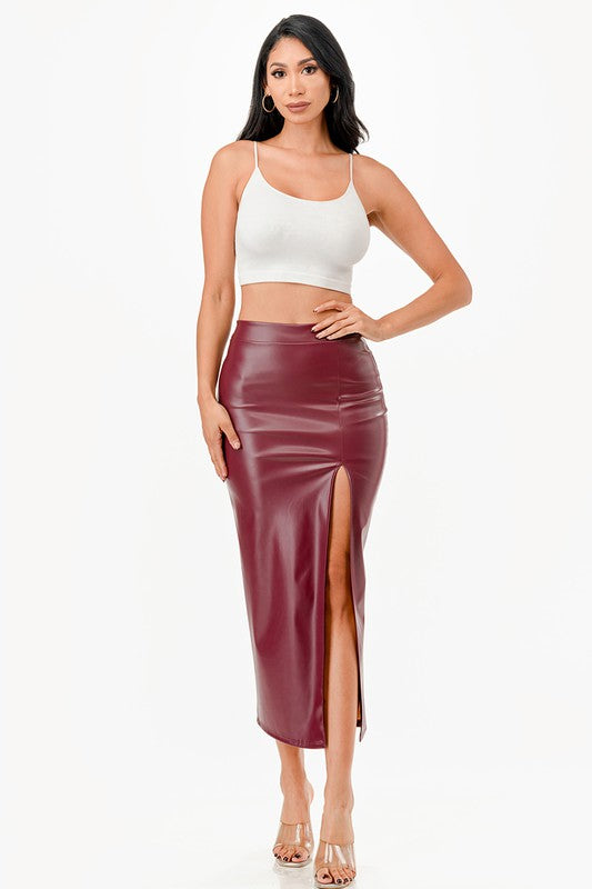 Women High Waisted Open Slit Full Cut PU Leather Pencil Skirt Zarnesh