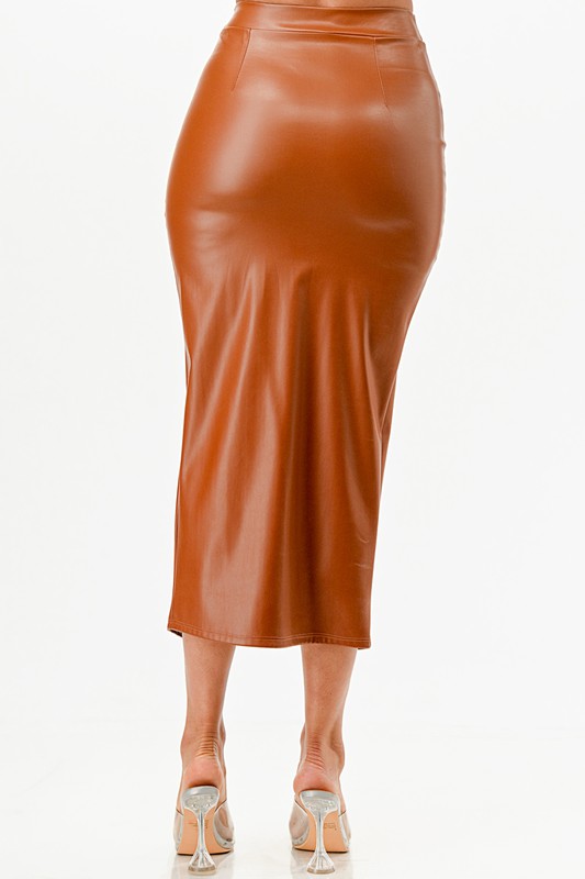 Women High Waisted Open Slit Full Cut PU Leather Pencil Skirt Zarnesh
