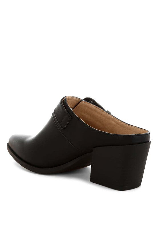 Women Holler Carved Buckle Statement Block Heel Mules | Zarnesh