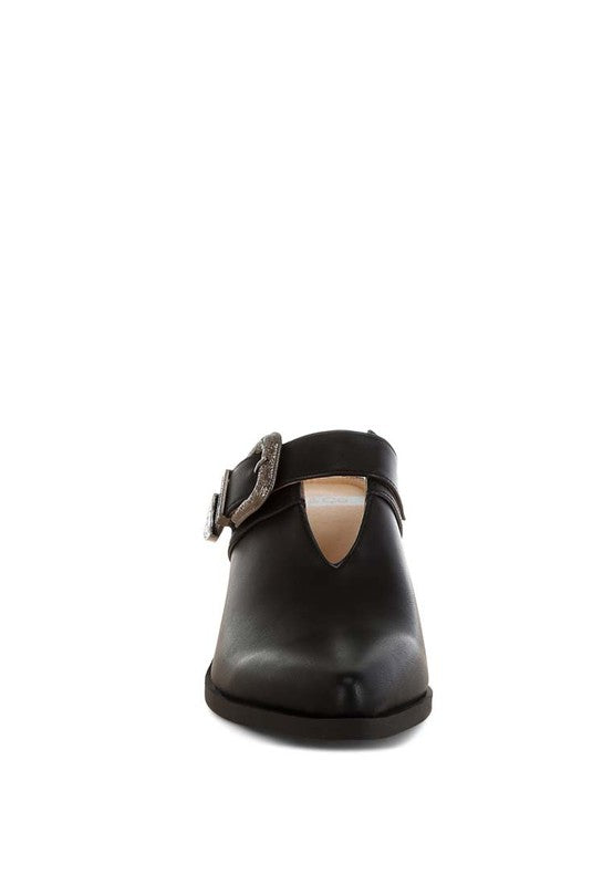 Women Holler Carved Buckle Statement Block Heel Mules | Zarnesh