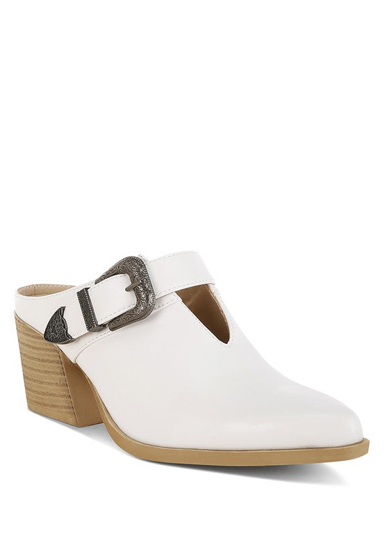 Women Holler Carved Buckle Statement Block Heel Mules | Zarnesh