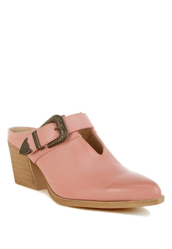 Women Holler Carved Buckle Statement Block Heel Mules | Zarnesh