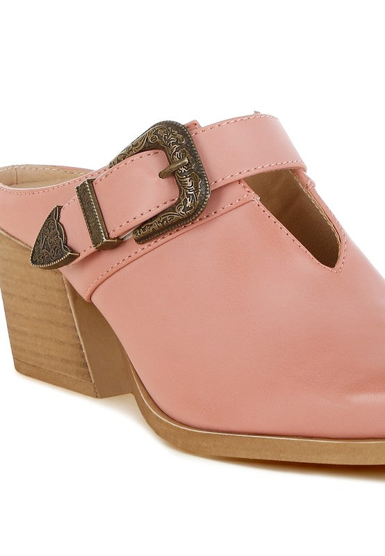 Women Holler Carved Buckle Statement Block Heel Mules | Zarnesh
