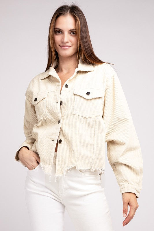 Women Oversized Ribbed Texture Button Front Pockets Shacket Zarnesh