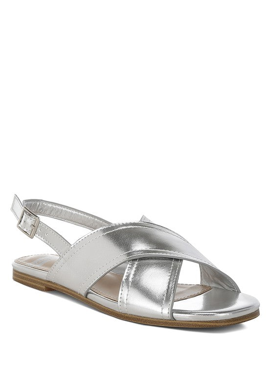 Women Kanon Metallic Pleather Criss Cross Ankle Strap Flats Zarnesh