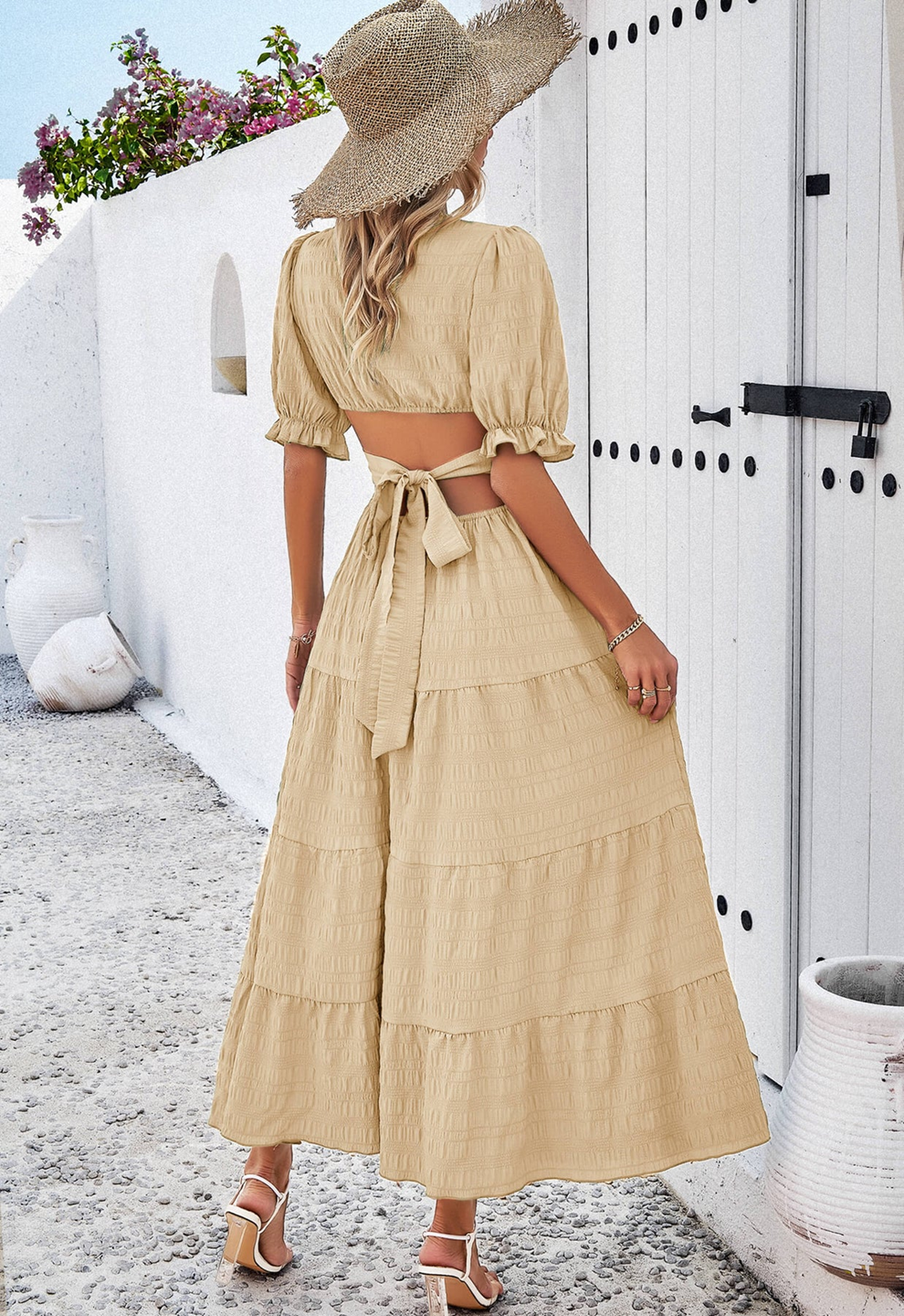 Women Open Back Cutout V Neckline Short Puff Sleeves Midi Dress Zarnesh
