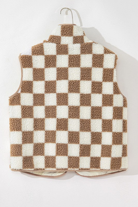 Women Khaki Checkered Sherpa Zipper Stand Collar Jacket Vest Zarnesh