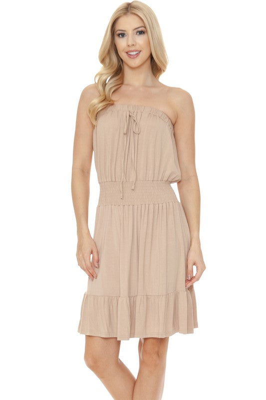 Women Smocked Knee Length Strapless Fitted Tube Midi Dress Zarnesh
