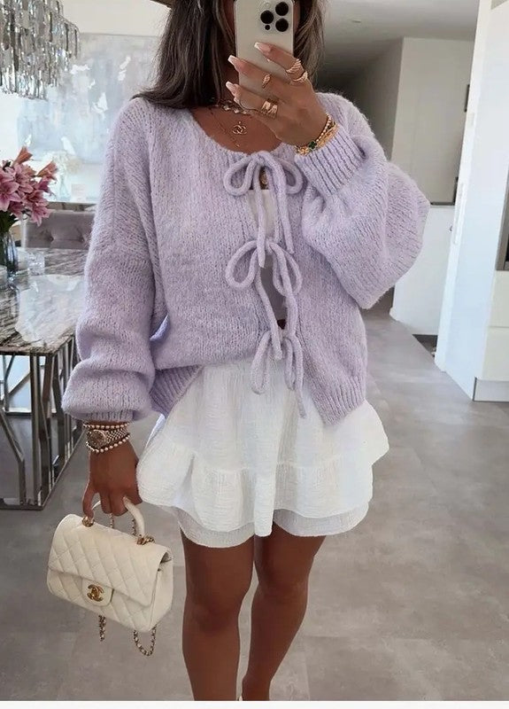 Women's Knit Cardigan V-Neck Long Sleeve Tie-Up Sweater | Zarnesh