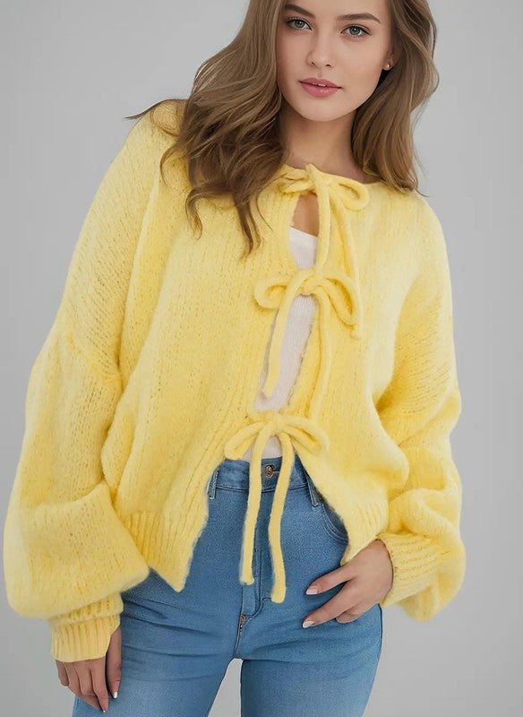 Women's Knit Cardigan V-Neck Long Sleeve Tie-Up Sweater | Zarnesh