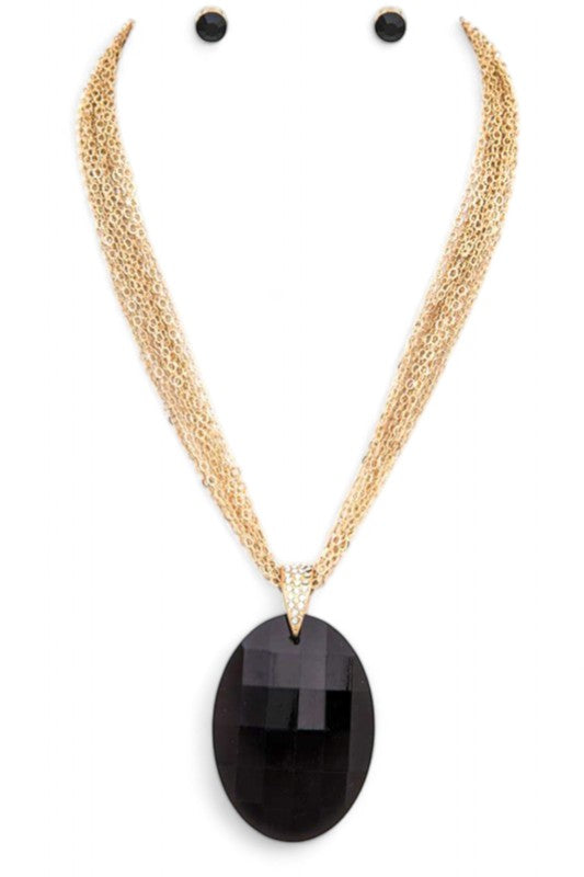 Women’s Large Oval Stone Pendant Multi Chain with Earrings | Zarnesh