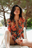 Women Leaf Floral Print Front Zip Long Sleeve Rash Guard Zarnesh