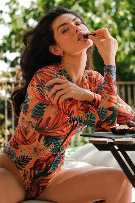 Women Leaf Floral Print Front Zip Long Sleeve Rash Guard Zarnesh