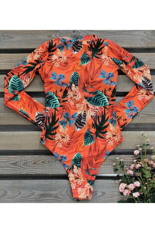 Women Leaf Floral Print Front Zip Long Sleeve Rash Guard Zarnesh