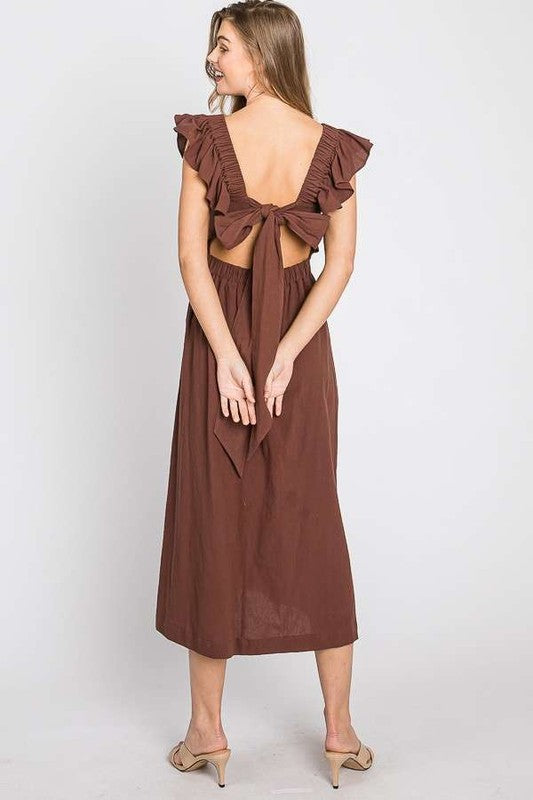 Women Linen Square Neck Ruffle Strap Sleeves Midi Dress Tie Back Zarnesh