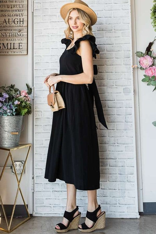 Women Linen Square Neck Ruffle Strap Sleeves Midi Dress Tie Back Zarnesh
