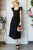 Women Linen Square Neck Ruffle Strap Sleeves Midi Dress Tie Back Zarnesh