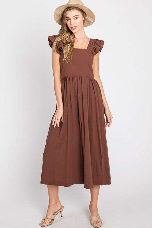 Women Linen Square Neck Ruffle Strap Sleeves Midi Dress Tie Back Zarnesh